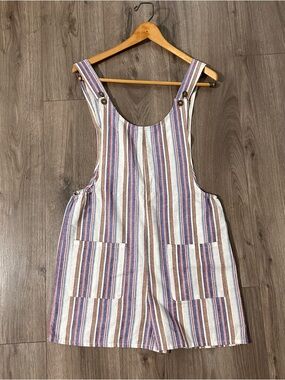 Umgee Multicolor Striped Short Overalls - Blue, Red, Cream, Tan Cotton Blend